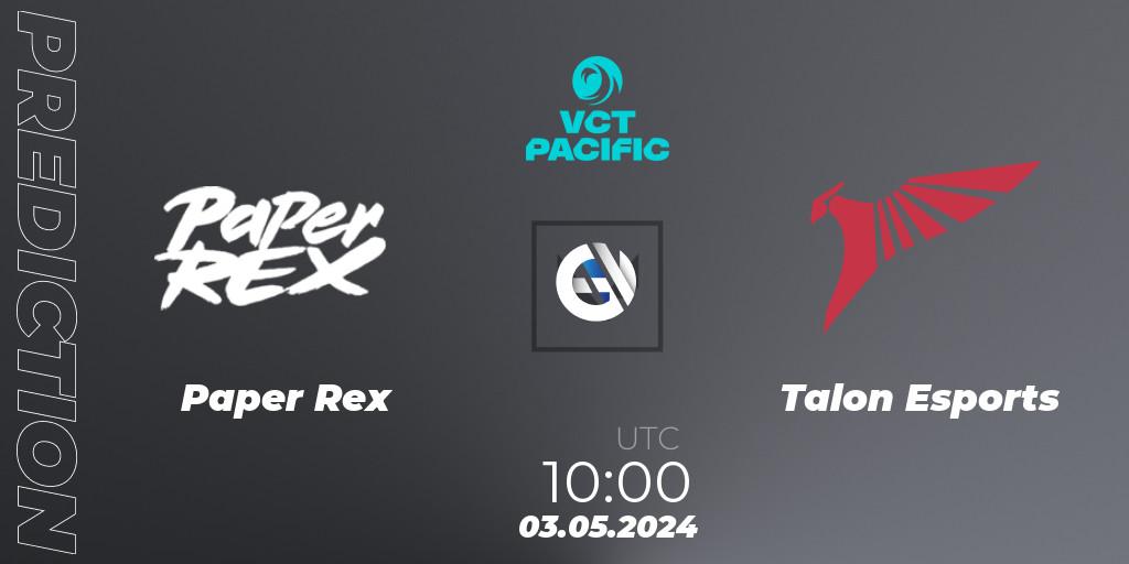 Prognose für das Spiel Paper Rex VS Talon Esports. 03.05.2024 at 10:30. VALORANT - VCT 2024: Pacific League - Stage 1