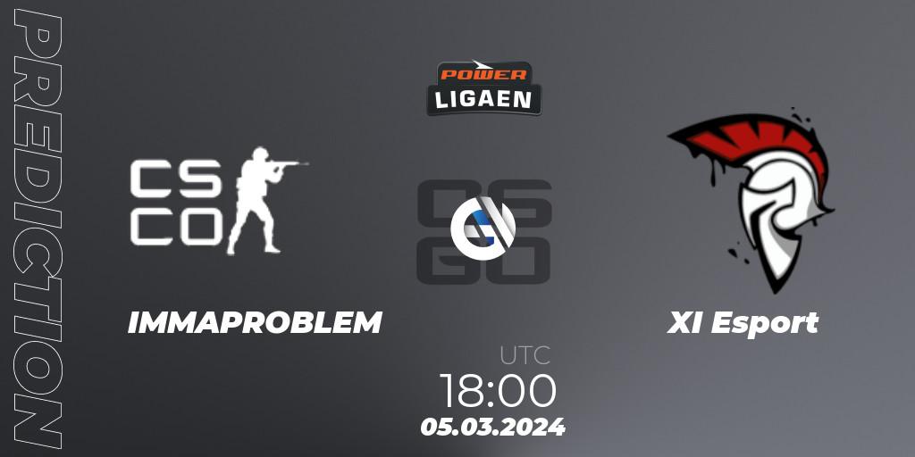 Prognose für das Spiel IMMAPROBLEM VS XI Esport. 05.03.2024 at 18:00. Counter-Strike (CS2) - Dust2.dk Ligaen Season 25