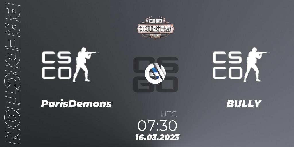 Prognose für das Spiel ParisDemons VS BULLY. 16.03.2023 at 07:30. Counter-Strike (CS2) - Baidu Cup Invitational #2