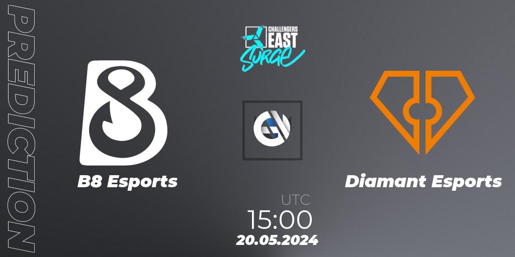Prognose für das Spiel B8 Esports VS Diamant Esports. 20.05.2024 at 15:00. VALORANT - VALORANT Challengers 2024 East: Surge Split 2