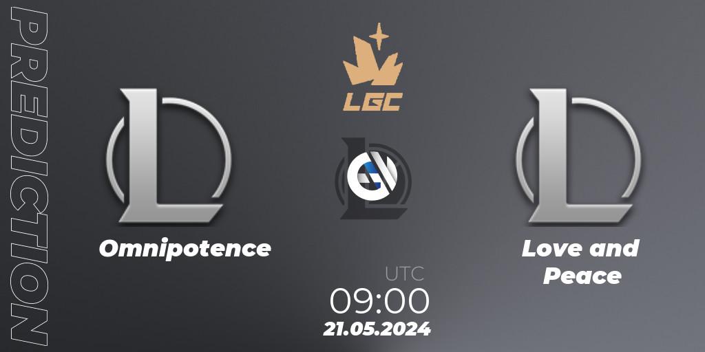 Prognose für das Spiel Omnipotence VS Love and Peace. 21.05.2024 at 09:00. LoL - Legend Cup 2024