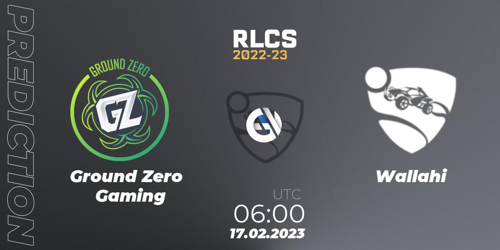 Prognose für das Spiel Ground Zero Gaming VS Wallahi. 17.02.2023 at 06:00. Rocket League - RLCS 2022-23 - Winter: Oceania Regional 2 - Winter Cup