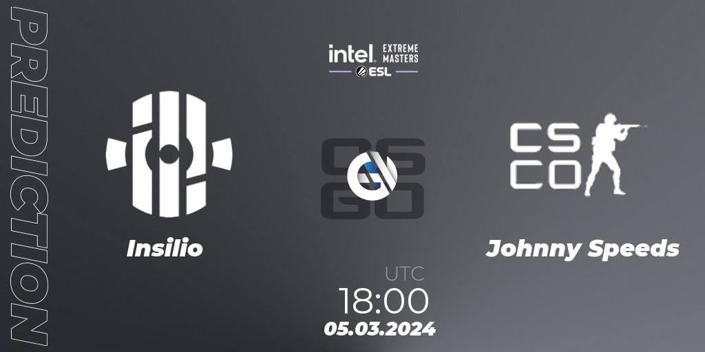 Prognose für das Spiel Insilio VS Johnny Speeds. 05.03.2024 at 18:15. Counter-Strike (CS2) - Intel Extreme Masters Dallas 2024: European Open Qualifier #2