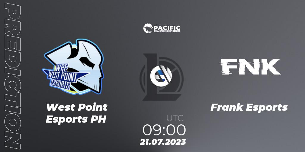 Prognose für das Spiel West Point Esports PH VS Frank Esports. 21.07.2023 at 09:00. LoL - PACIFIC Championship series Group Stage