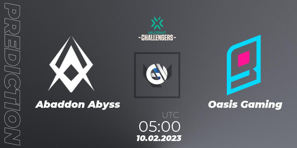 Prognose für das Spiel Abaddon Abyss VS Oasis Gaming. 10.02.23. VALORANT - VALORANT Challengers 2023: Philippines Split 1