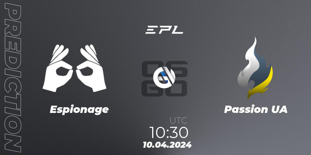 Prognose für das Spiel Espionage VS Passion UA. 10.04.24. CS2 (CS:GO) - European Pro League Season 15
