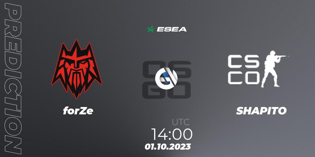 Prognose für das Spiel forZe VS SHAPITO. 01.10.23. CS2 (CS:GO) - ESEA Cash Cup: Europe - Autumn 2023 #1