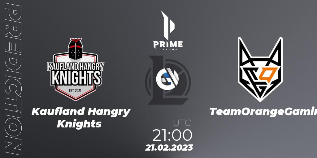 Prognose für das Spiel Kaufland Hangry Knights VS TeamOrangeGaming. 21.02.2023 at 21:00. LoL - Prime League 2nd Division Spring 2023 - Group Stage