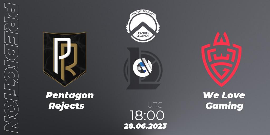 Prognose für das Spiel Pentagon Rejects VS We Love Gaming. 28.06.2023 at 18:00. LoL - Greek Legends League Summer 2023