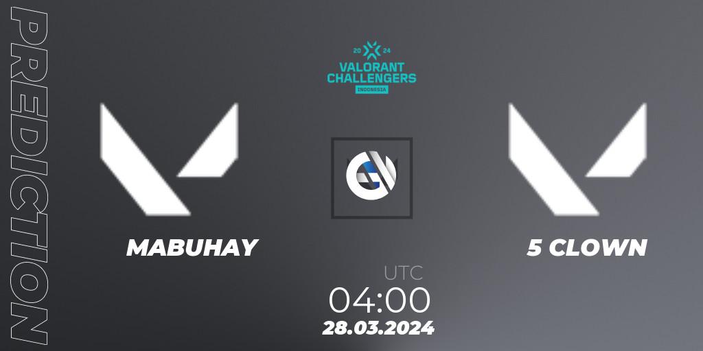 Prognose für das Spiel MABUHAY VS 5 CLOWN. 28.03.2024 at 04:00. VALORANT - VALORANT Challengers Indonesia 2024: Split 1