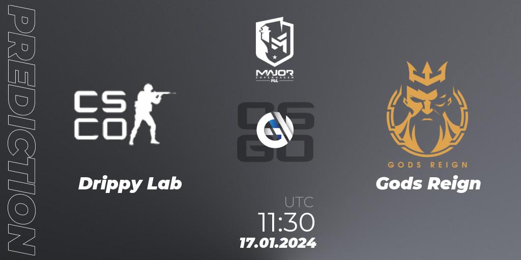 Prognose für das Spiel Drippy Lab VS Gods Reign. 17.01.2024 at 11:35. Counter-Strike (CS2) - PGL CS2 Major Copenhagen 2024 Asia RMR Open Qualifier