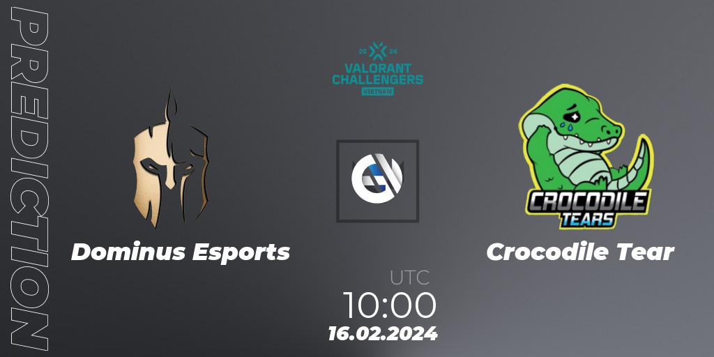 Prognose für das Spiel Dominus Esports VS Crocodile Tear. 16.02.2024 at 10:00. VALORANT - VALORANT Challengers 2024 Vietnam: Split 1