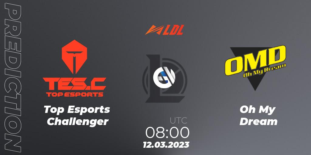Prognose für das Spiel Top Esports Challenger VS Oh My Dream. 12.03.2023 at 09:50. LoL - LDL 2023 - Regular Season