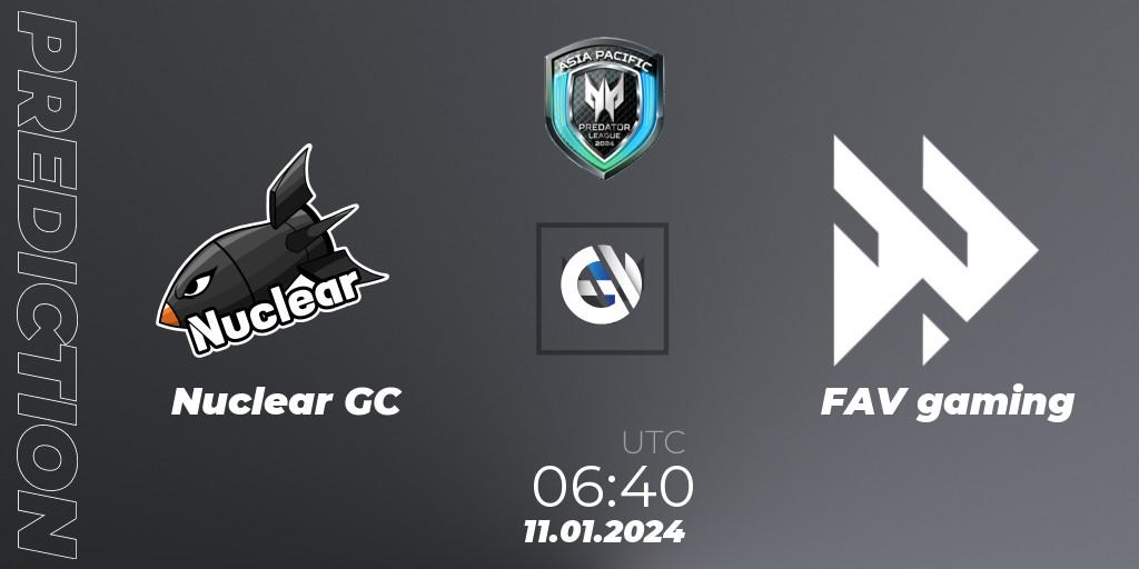 Prognose für das Spiel Nuclear GC VS FAV gaming. 11.01.2024 at 06:40. VALORANT - Asia Pacific Predator League 2024