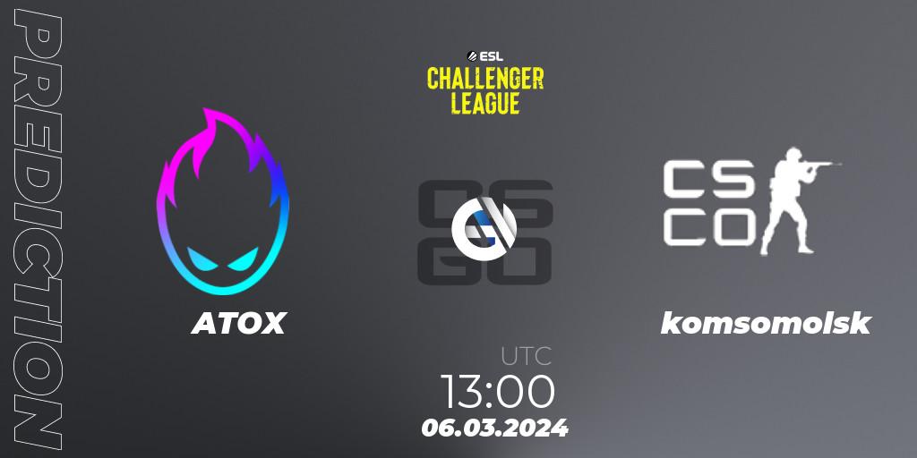 Prognose für das Spiel ATOX VS komsomolsk. 06.03.2024 at 13:00. Counter-Strike (CS2) - ESL Challenger League Season 47: Asia