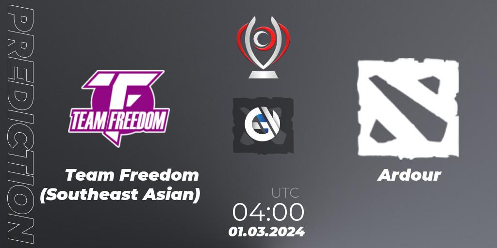 Prognose für das Spiel Team Freedom (Southeast Asian) VS Ardour. 01.03.2024 at 04:00. Dota 2 - Opus League