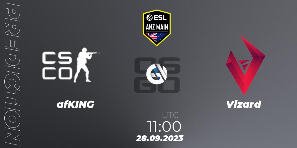 Prognose für das Spiel afKING VS Vizard. 28.09.2023 at 11:00. Counter-Strike (CS2) - ESL ANZ Main Season 17