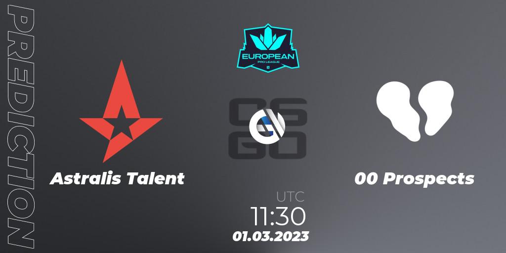 Prognose für das Spiel Astralis Talent VS 00 Prospects. 01.03.2023 at 11:30. Counter-Strike (CS2) - European Pro League Season 6