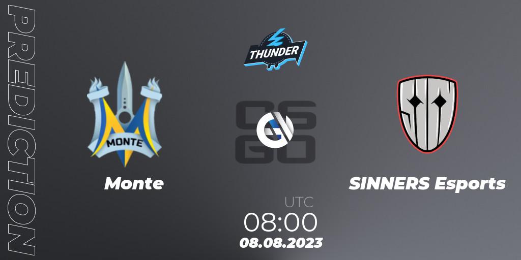 Prognose für das Spiel Monte VS SINNERS Esports. 08.08.2023 at 08:00. Counter-Strike (CS2) - Thunderpick World Championship 2023: European Qualifier #1