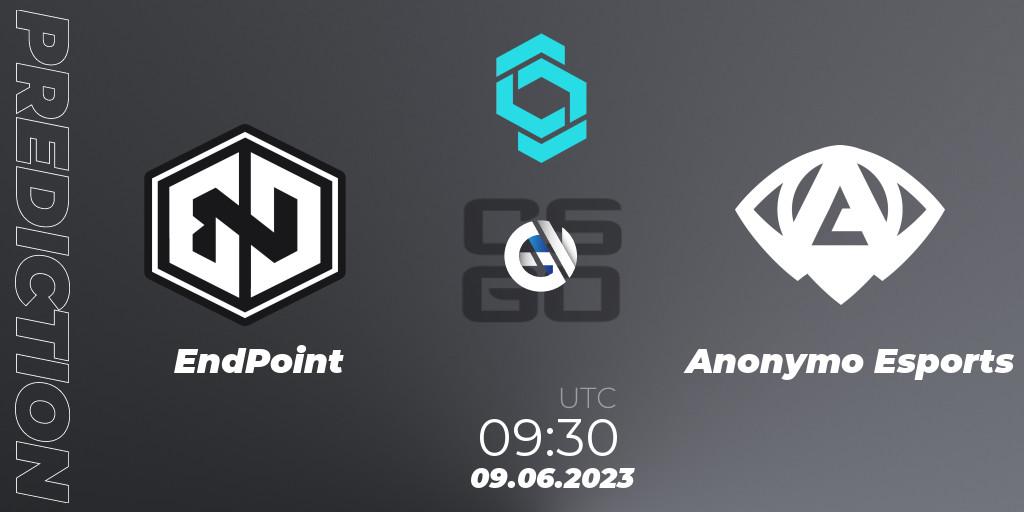 Prognose für das Spiel EndPoint VS Anonymo Esports. 09.06.2023 at 09:30. Counter-Strike (CS2) - CCT North Europe Series 5