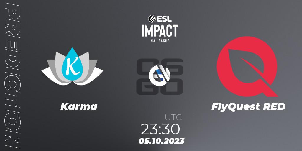 Prognose für das Spiel Karma VS FlyQuest RED. 05.10.2023 at 23:30. Counter-Strike (CS2) - ESL Impact League Season 4: North American Division
