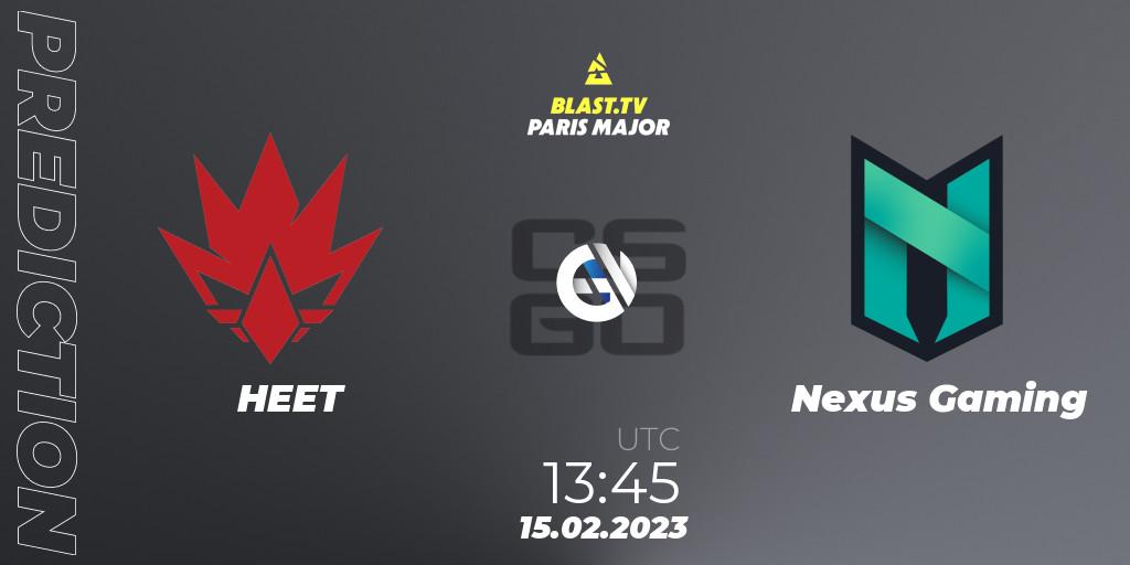 Prognose für das Spiel HEET VS Nexus Gaming. 15.02.23. CS2 (CS:GO) - BLAST.tv Paris Major 2023 Europe RMR Open Qualifier 2