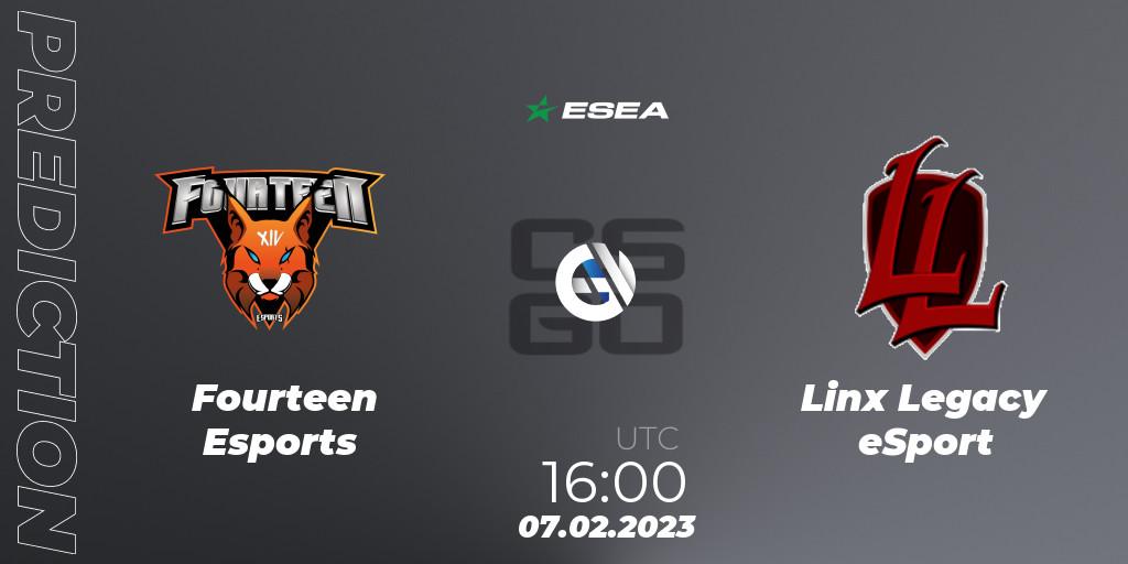 Prognose für das Spiel Fourteen Esports VS Linx Legacy eSport. 17.02.23. CS2 (CS:GO) - ESEA Season 44: Advanced Division - Europe