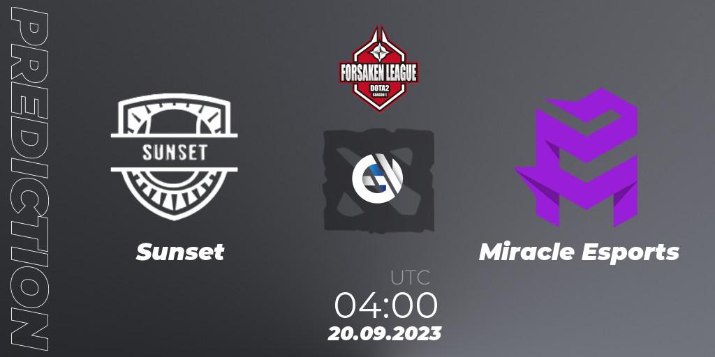 Prognose für das Spiel Sunset VS Miracle Esports. 22.09.2023 at 04:18. Dota 2 - Forsaken League