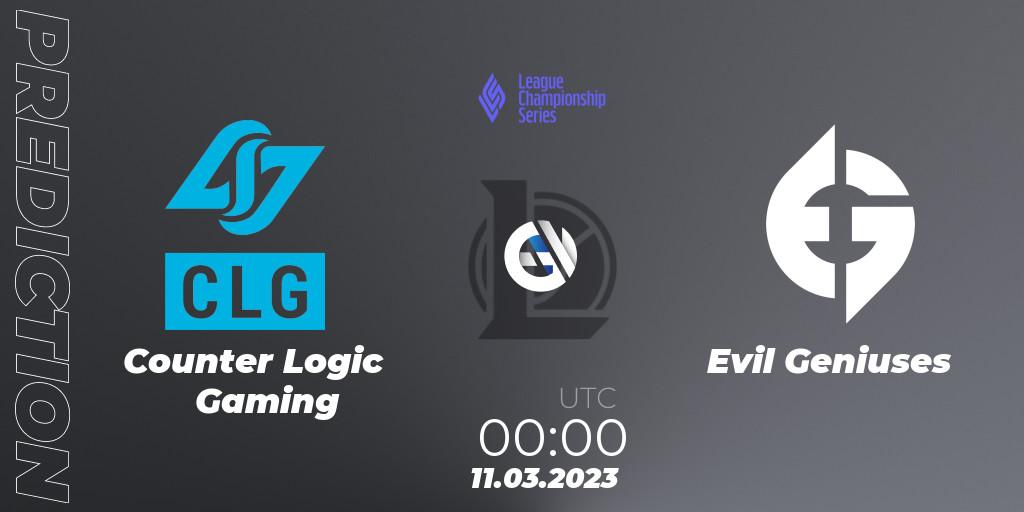 Prognose für das Spiel Counter Logic Gaming VS Evil Geniuses. 11.03.23. LoL - LCS Spring 2023 - Group Stage