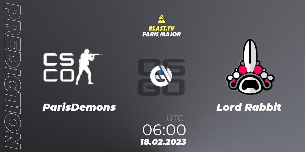Prognose für das Spiel ParisDemons VS Lord Rabbit. 18.02.2023 at 06:00. Counter-Strike (CS2) - BLAST.tv Paris Major 2023 China RMR Closed Qualifier