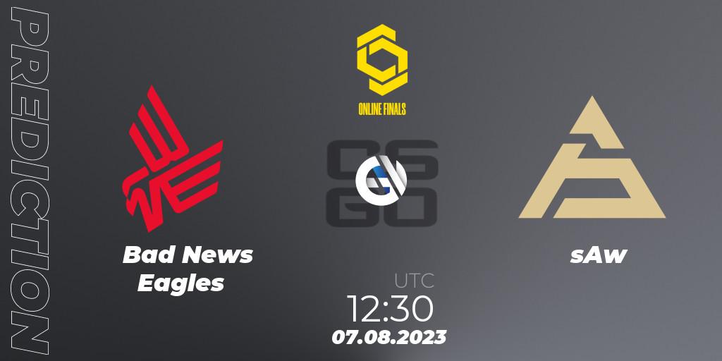 Prognose für das Spiel Bad News Eagles VS sAw. 07.08.2023 at 12:50. Counter-Strike (CS2) - CCT 2023 Online Finals 2