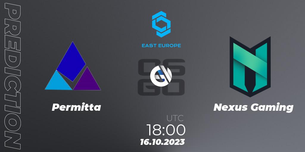 Prognose für das Spiel Permitta VS Nexus Gaming. 16.10.2023 at 18:00. Counter-Strike (CS2) - CCT East Europe Series #3