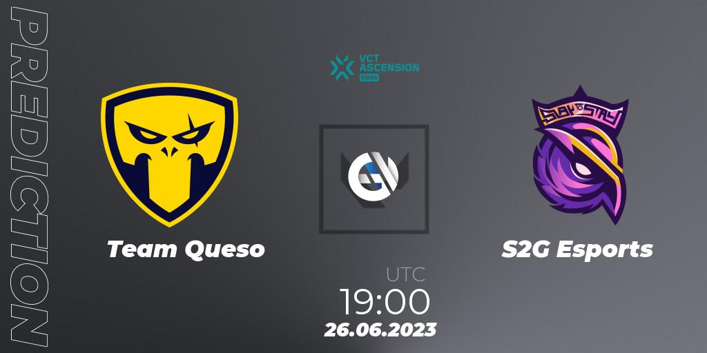 Prognose für das Spiel Team Queso VS S2G Esports. 26.06.2023 at 17:30. VALORANT - VALORANT Challengers Ascension 2023: EMEA - Play-In