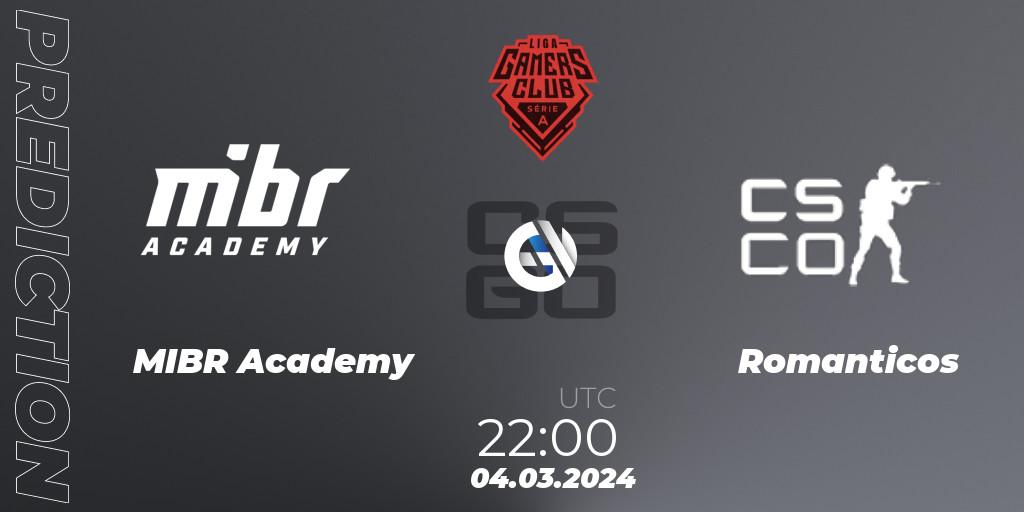 Prognose für das Spiel MIBR Academy VS Romanticos. 04.03.2024 at 22:00. Counter-Strike (CS2) - Gamers Club Liga Série A: February 2024