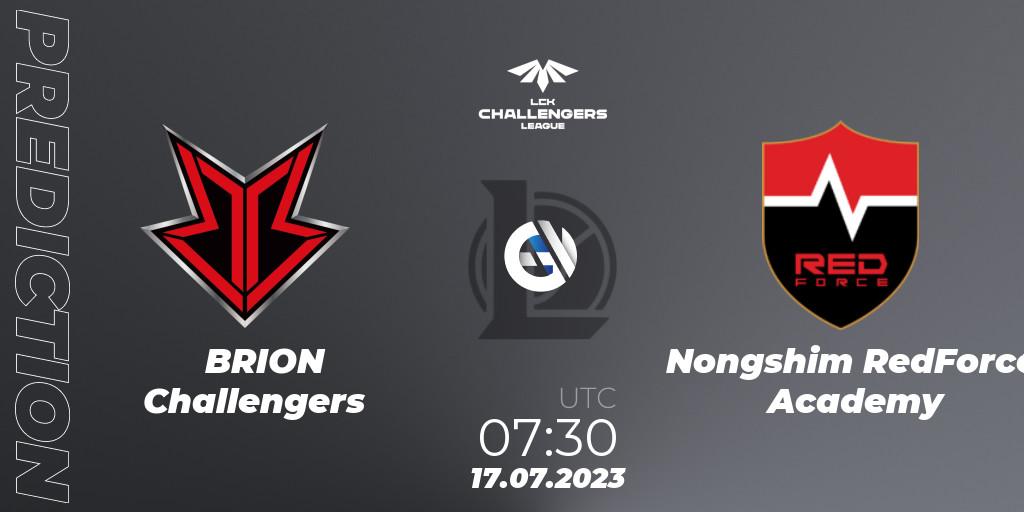 Prognose für das Spiel BRION Challengers VS Nongshim RedForce Academy. 17.07.2023 at 08:00. LoL - LCK Challengers League 2023 Summer - Group Stage