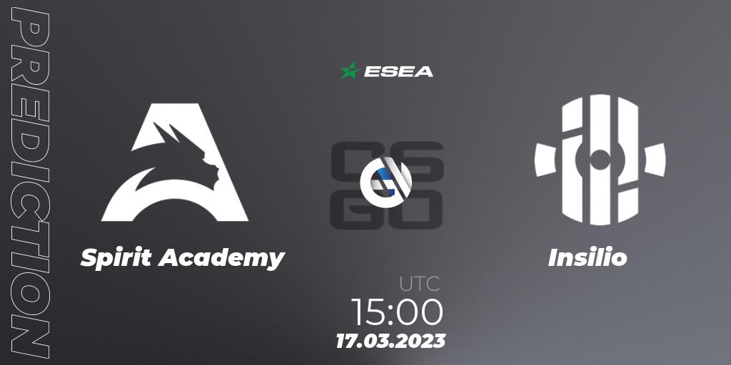 Prognose für das Spiel Spirit Academy VS Insilio. 17.03.2023 at 15:00. Counter-Strike (CS2) - ESEA Season 44: Advanced Division - Europe