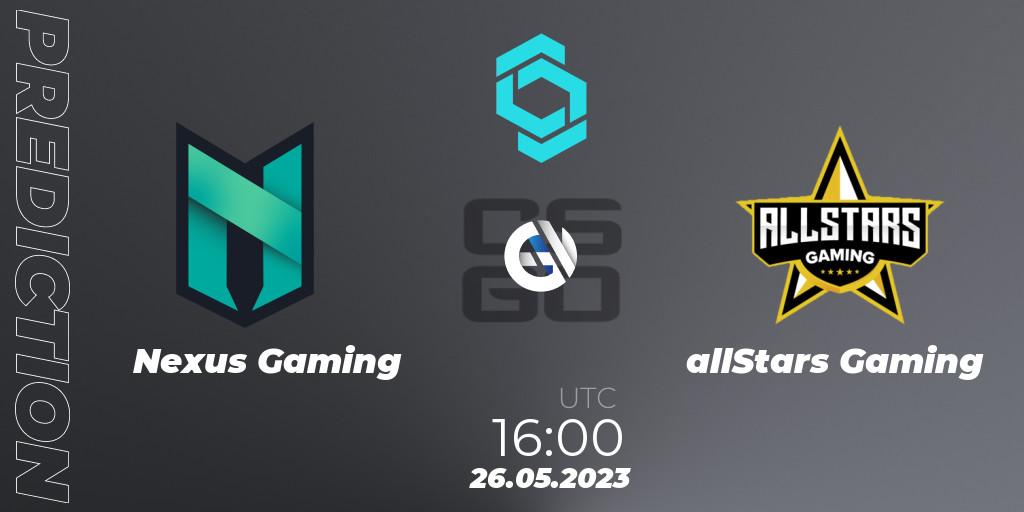 Prognose für das Spiel Nexus Gaming VS allStars Gaming. 26.05.2023 at 16:00. Counter-Strike (CS2) - CCT North Europe Series 5 Closed Qualifier