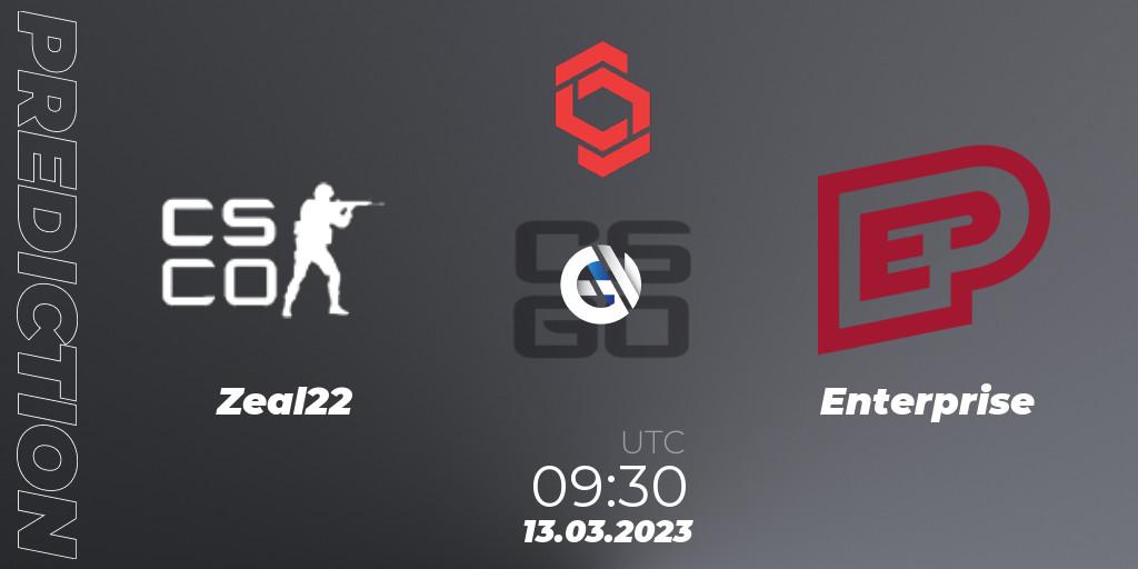 Prognose für das Spiel Zeal22 VS Enterprise. 13.03.2023 at 09:30. Counter-Strike (CS2) - CCT Central Europe Series 5 Closed Qualifier