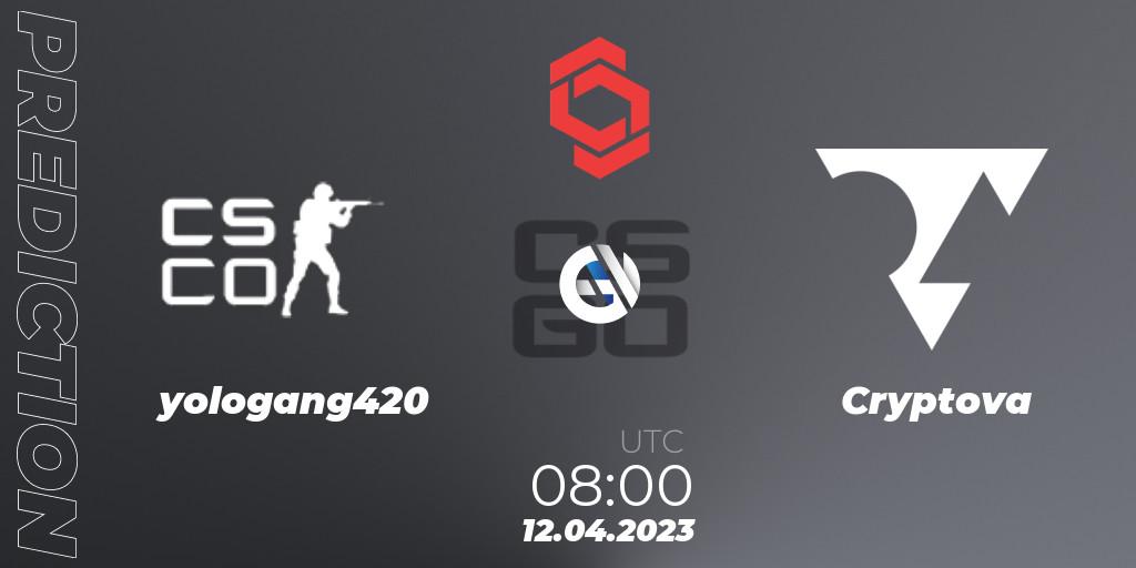 Prognose für das Spiel yologang420 VS Cryptova. 12.04.2023 at 08:00. Counter-Strike (CS2) - CCT Central Europe Series #6: Closed Qualifier