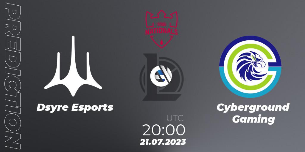 Prognose für das Spiel Dsyre Esports VS Cyberground Gaming. 21.07.2023 at 20:00. LoL - PG Nationals Summer 2023