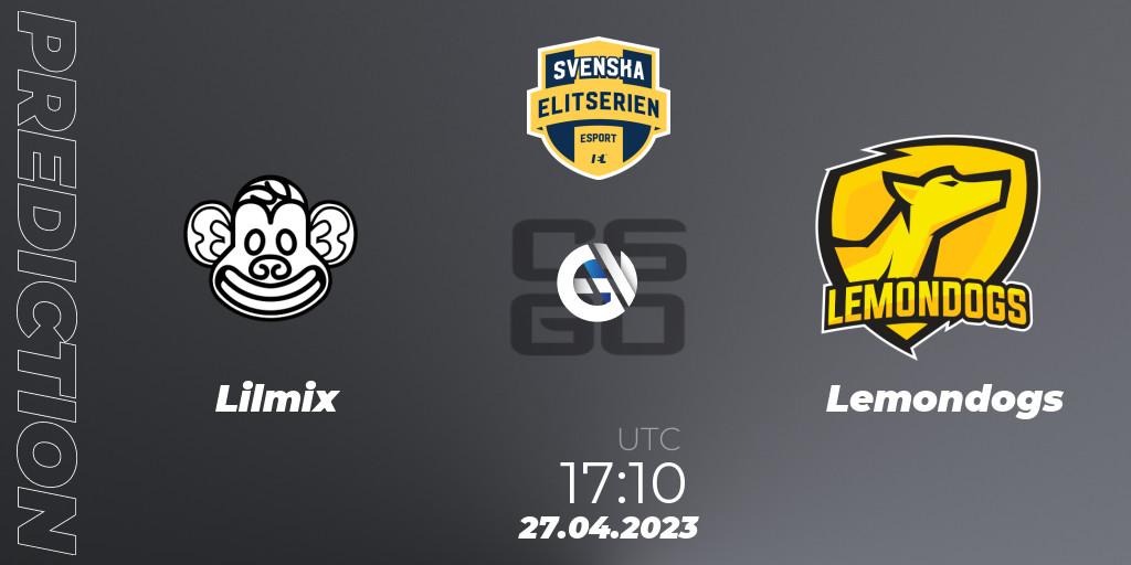 Prognose für das Spiel Lilmix VS Lemondogs. 27.04.2023 at 17:10. Counter-Strike (CS2) - Svenska Elitserien Spring 2023: Online Stage