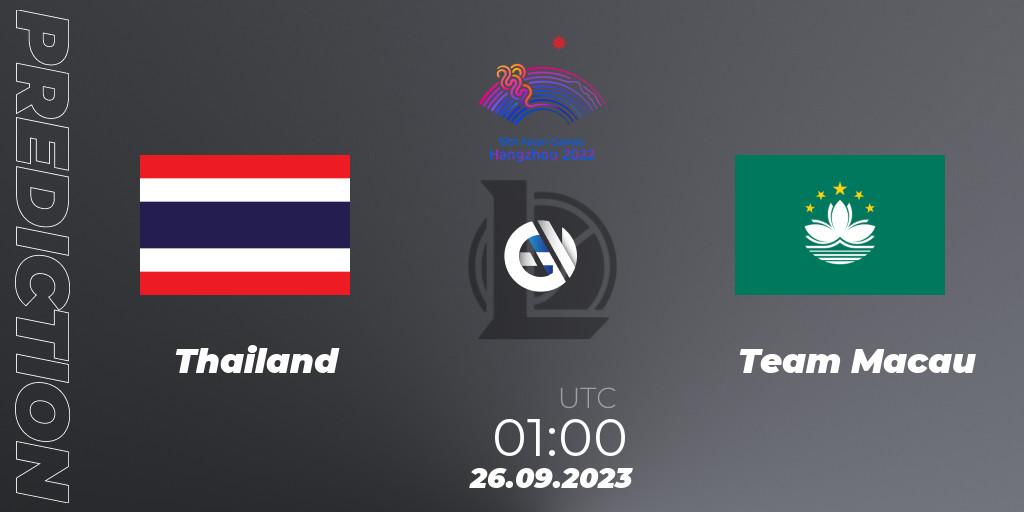 Prognose für das Spiel Thailand VS Team Macau. 26.09.2023 at 01:00. LoL - 2022 Asian Games