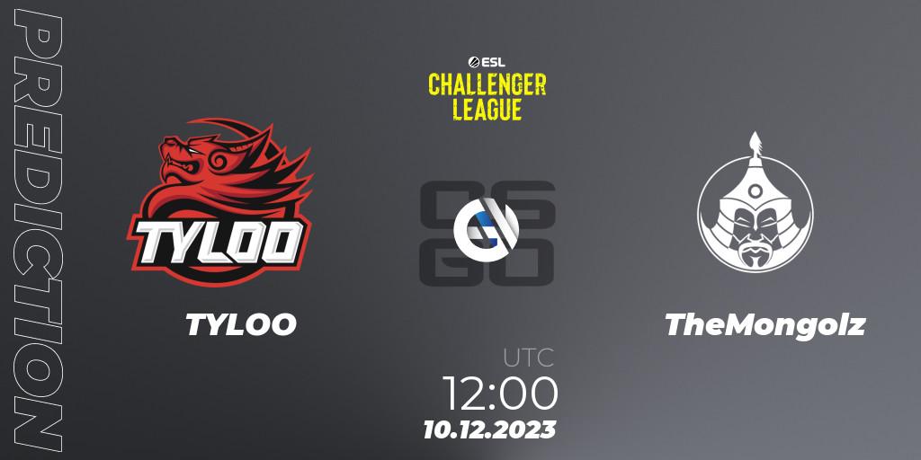 Prognose für das Spiel TYLOO VS TheMongolz. 10.12.2023 at 12:00. Counter-Strike (CS2) - ESL Challenger League Season 46: Asia-Pacific