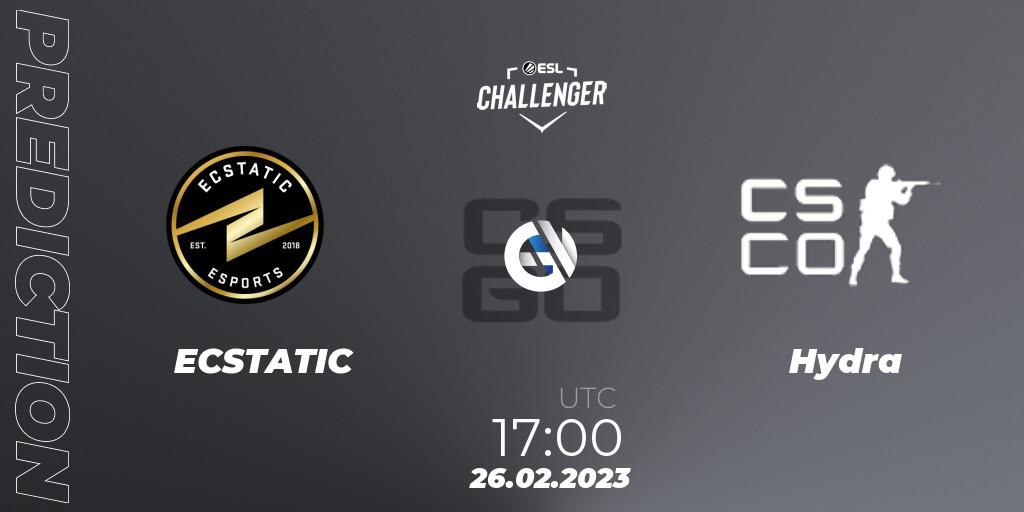 Prognose für das Spiel ECSTATIC VS Hydra. 26.02.2023 at 17:00. Counter-Strike (CS2) - ESL Challenger Melbourne 2023 Europe Open Qualifier