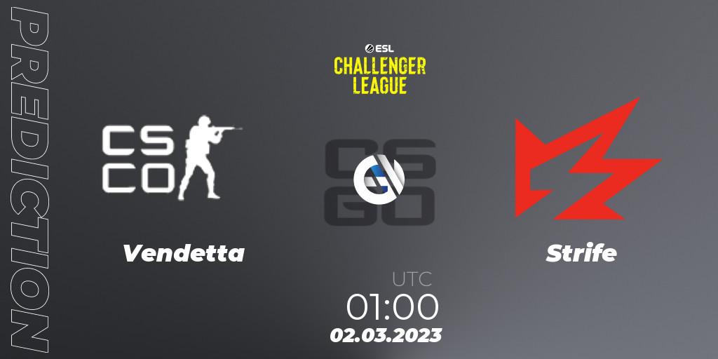 Prognose für das Spiel Vendetta VS Strife. 07.03.2023 at 01:00. Counter-Strike (CS2) - ESL Challenger League Season 44: North America
