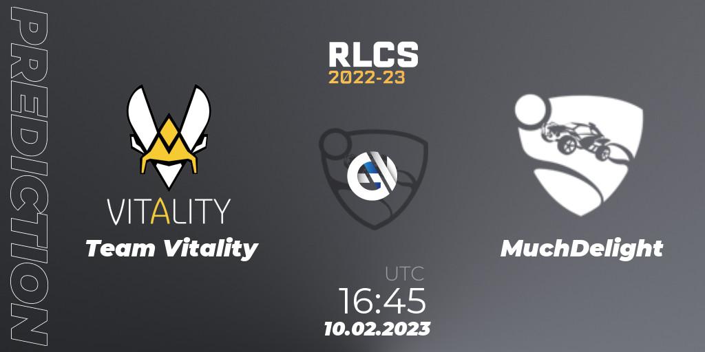 Prognose für das Spiel Team Vitality VS MuchDelight. 10.02.2023 at 16:45. Rocket League - RLCS 2022-23 - Winter: Europe Regional 2 - Winter Cup