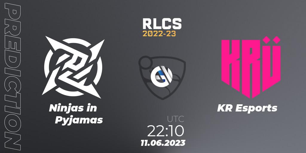 Prognose für das Spiel Ninjas in Pyjamas VS KRÜ Esports. 11.06.2023 at 22:10. Rocket League - RLCS 2022-23 - Spring: South America Regional 3 - Spring Invitational