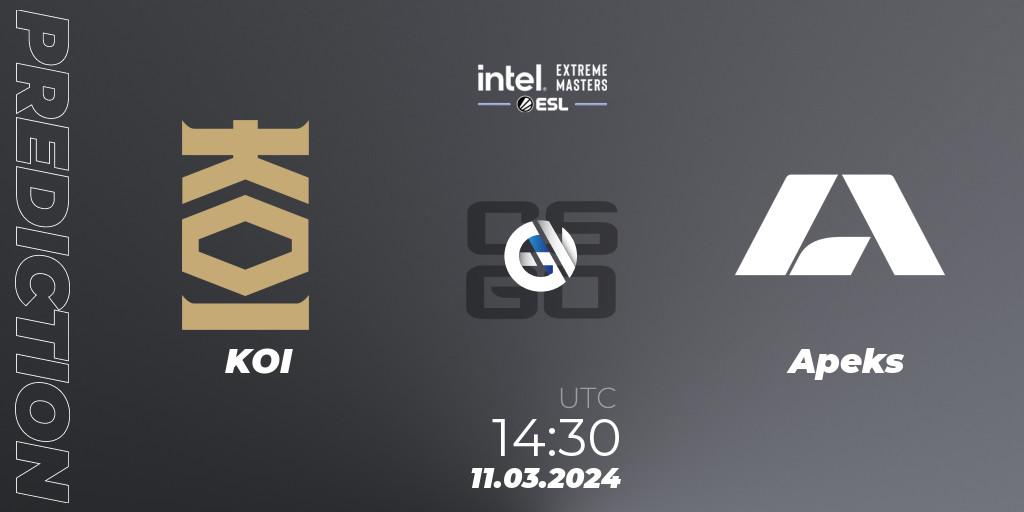 Prognose für das Spiel KOI VS Apeks. 11.03.24. CS2 (CS:GO) - Intel Extreme Masters Dallas 2024: European Closed Qualifier