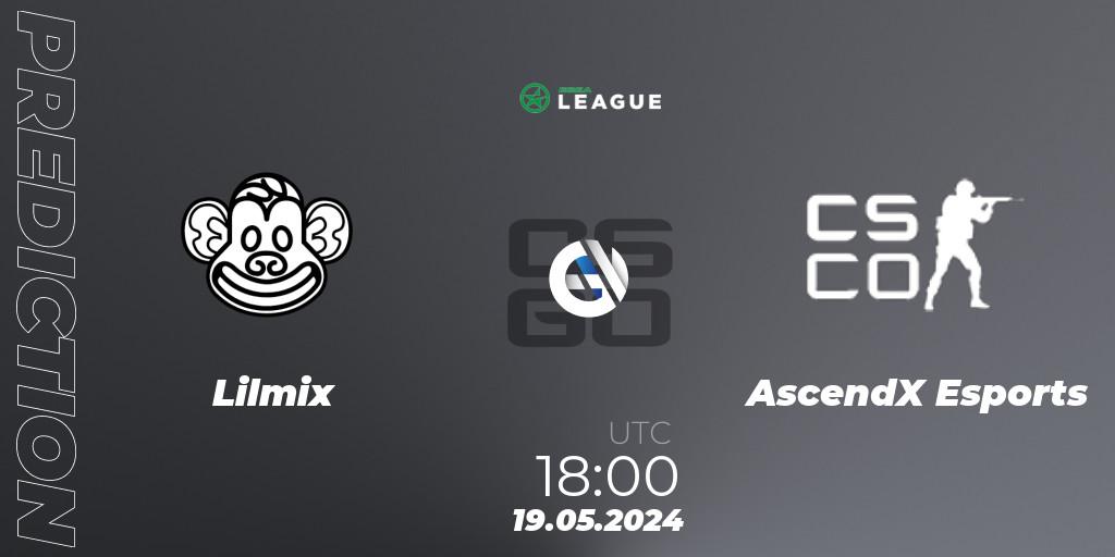 Prognose für das Spiel Lilmix VS AscendX Esports. 19.05.2024 at 18:00. Counter-Strike (CS2) - ESEA Season 49: Advanced Division - Europe