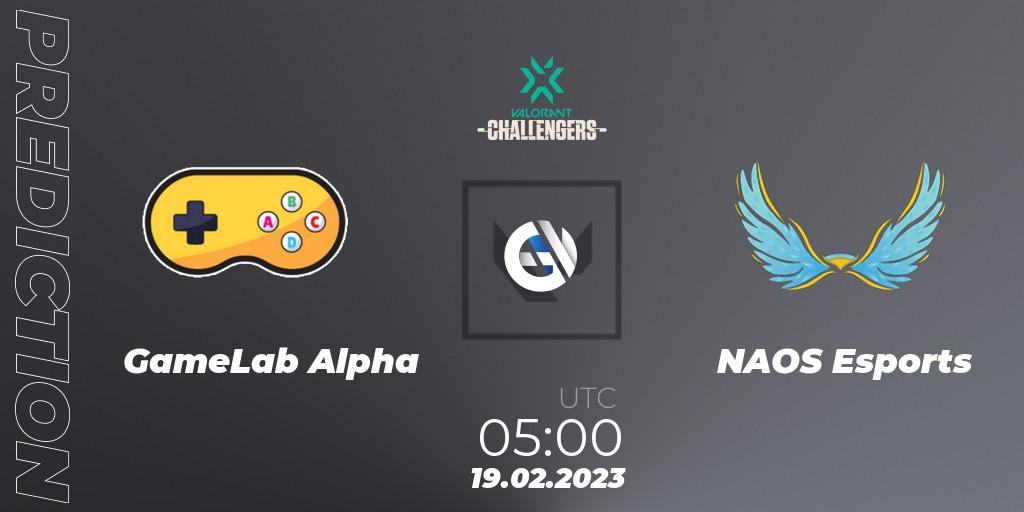Prognose für das Spiel GameLab Alpha VS NAOS Esports. 19.02.2023 at 05:00. VALORANT - VALORANT Challengers 2023: Philippines Split 1